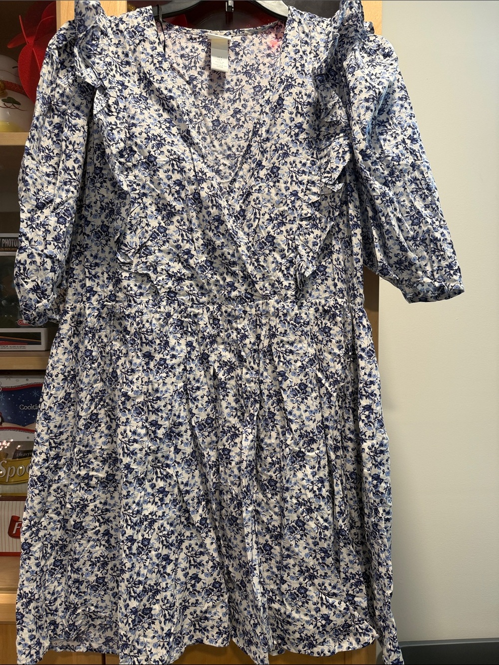 H&M White and Blue Floral Wrap-Style Midi Dress
